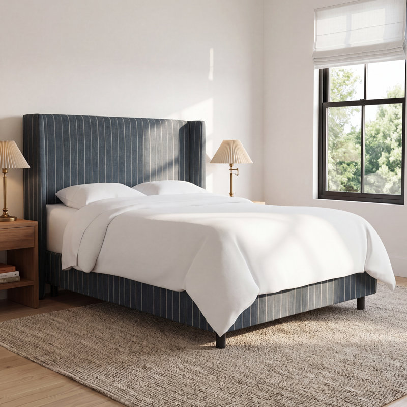 Tilly Upholstered Wingback Bed, King, Fritz Indigo Stripe