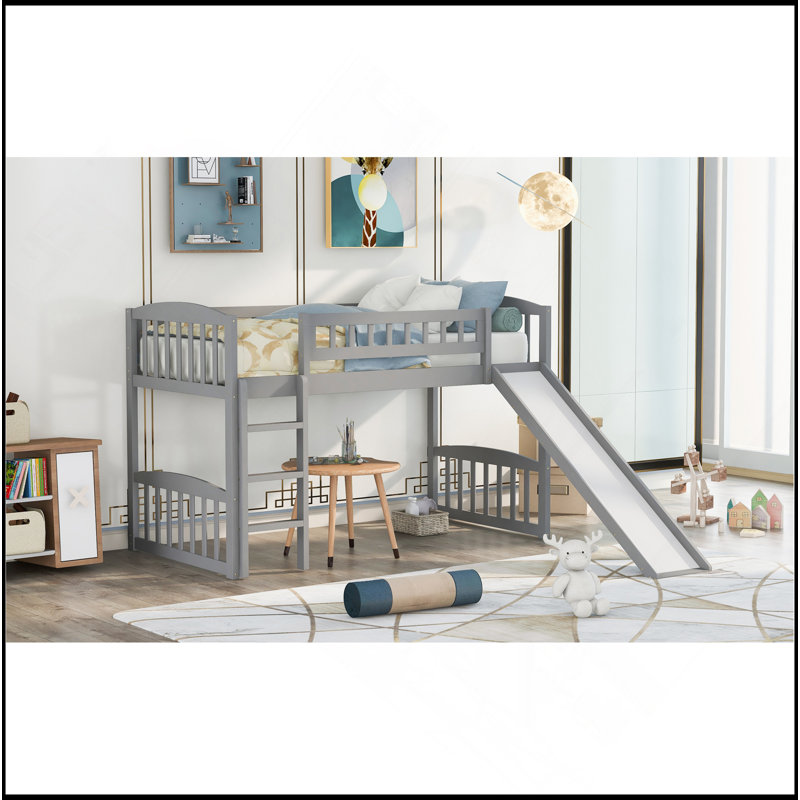 Lit mezzanine simple avec glissoire et échelle, gris