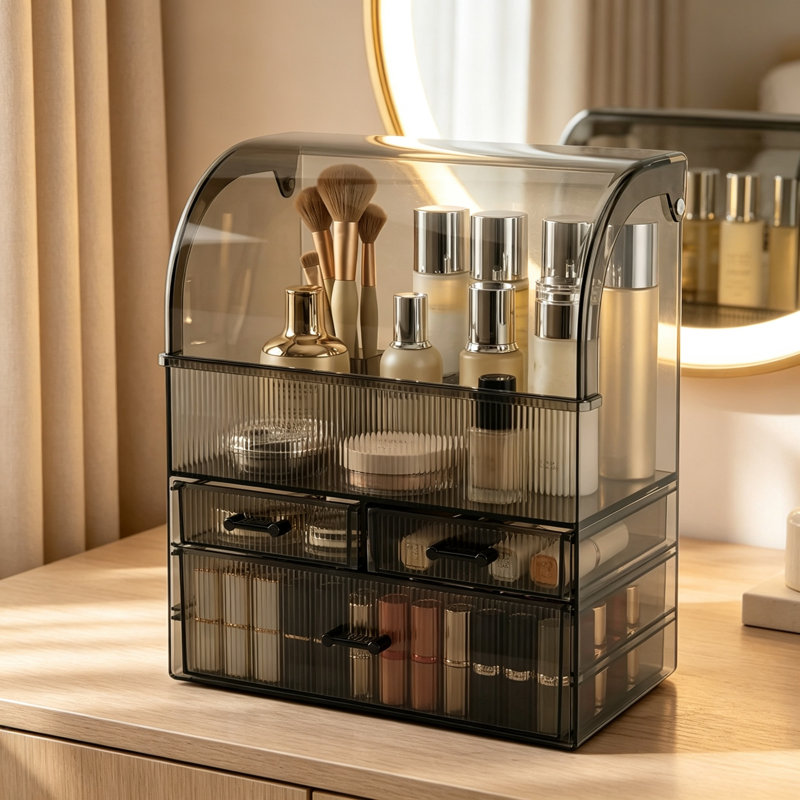 Clear Black Makeup Organiser with Drawers & Dustproof Cover, Large Cosmetic Skincare Display Storage Box, Waterproof Vanity Organiser for Countertops, Bathrooms & Dressers