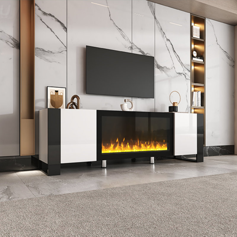 High Gloss White MDF Entertainment Center with 34.2" Electric Fireplace, 2 Cabinets, Media Console for TVs up to 78", White