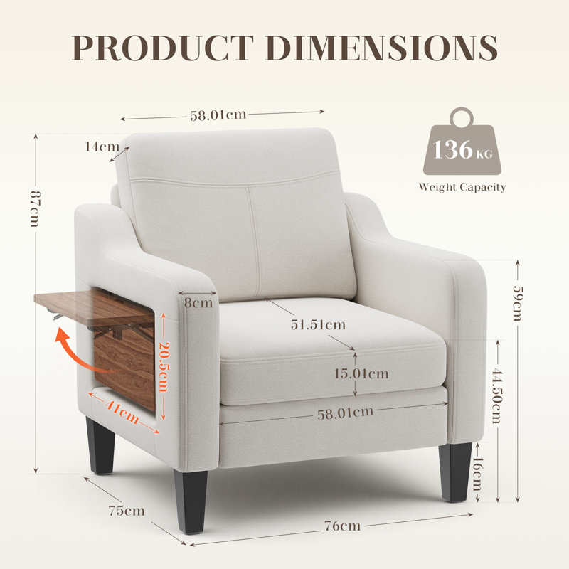 Mid-Century Accent Chair, Solid Wood Frame, Removable Cushions, Living Room Armchair, Beige, Fabric