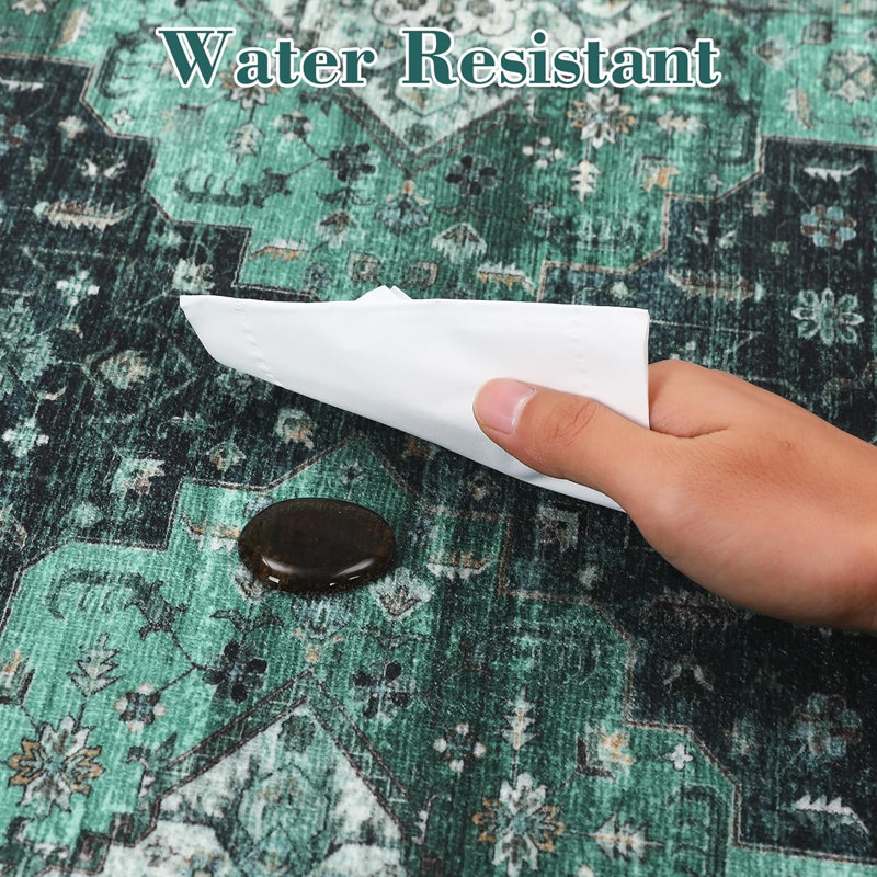 Vintage 2x6 Washable Runner Rug – Non-Slip Non-Shedding Foldable Distressed Traditional Carpet for Kitchen Bedroom Entryway Bathroom Brown/Green.
