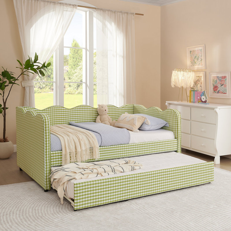Daybed With Trundle Sofa Bed No Box Spring Needed, With USB Port And Adorable Wave Shaped, Linen Fabric, Green