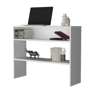 Console moderne blanche avec rangement ouvert pour ranger divers articles, plantes et livres
