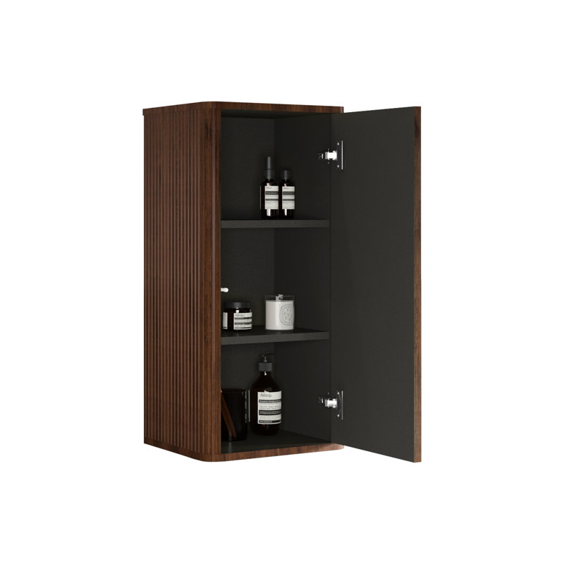 Armoire latérale de salle de bain flottante, texture noyer rayé, porte à ouverture par pression, étagère à l'intérieur pour un rangement soigné, conception courbée sécuritaire, bois d'ingénierie en noyer, style, fabriqué
