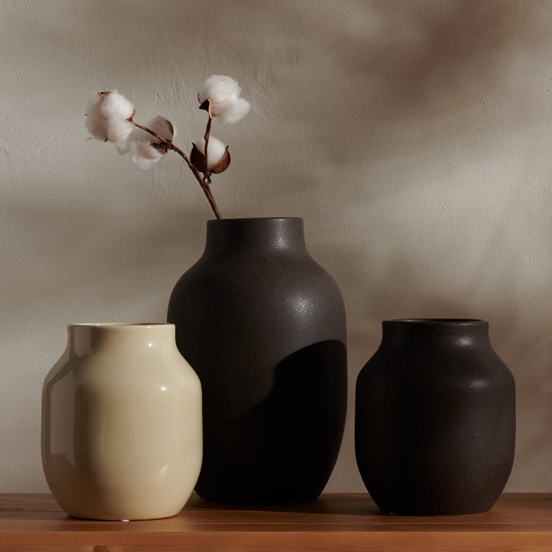 Charcoal & Beige Rustic Ceramic Vase Trio Set