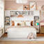 Grand lit en bois avec armoire tout-en-un, tablette et prises, blanc-90474335