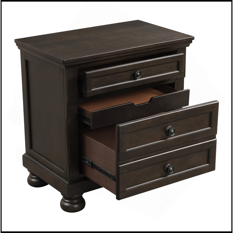 Table de chevet de style transitionnel à finition brun grisâtre avec deux tiroirs en queue d'aronde et des meubles en bois