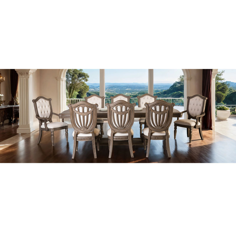 Ensemble de salle à manger en chêne vieilli 9 pièces avec table de salle à manger Vintage Luxury, 9 pièces : table, 8 chaises