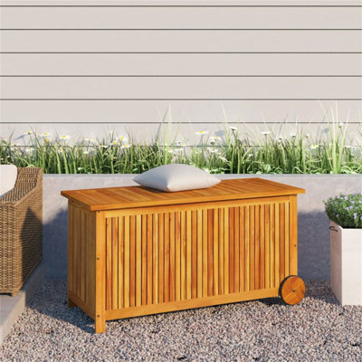 Rosalind Wheeler Daisey 113cm W 198L Water Resistant Acacia Solid Wood Deck Box with Wheels in Brown