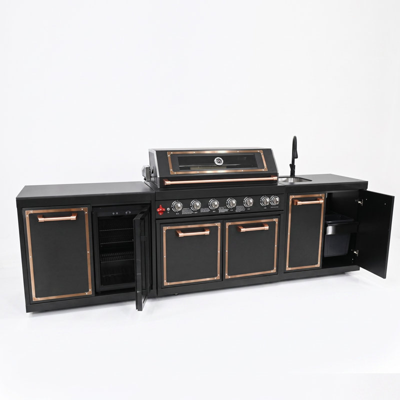 Barbecue à gaz encastré à 6 brûleurs extérieur avec ensemble de rôtisserie, boutons de commande DEL et fenêtre de visualisation, tête de barbecue en acier inoxydable