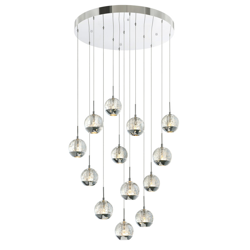 13 Light Chrome Globe Chandelier - 24" Modern Pendant Light with Glass Globes