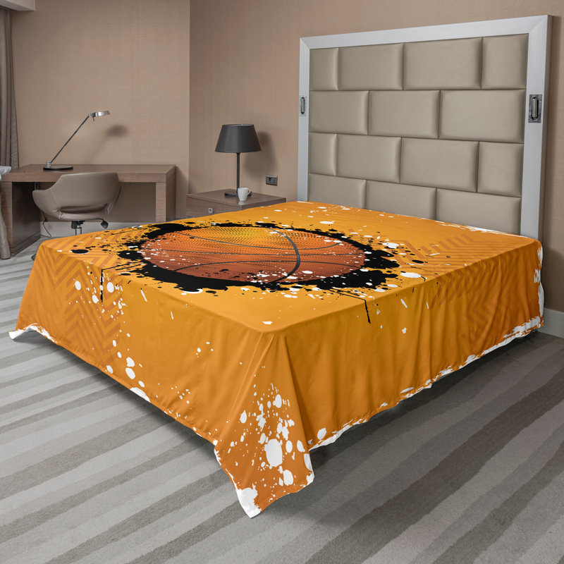 Ambesonne drap de dessus plat orange de style basket-ball de style Queen orange noir