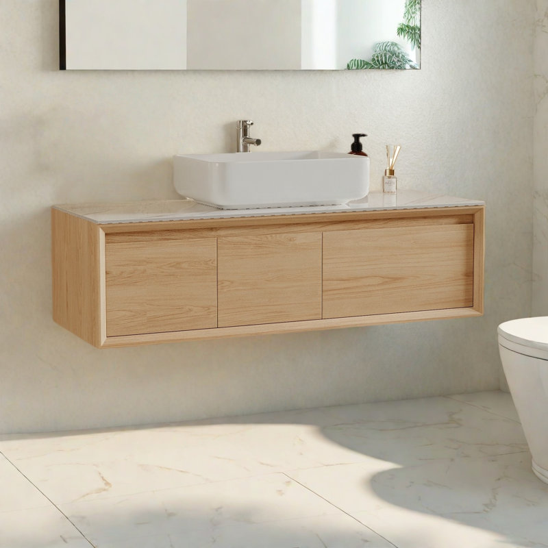 Couvertures de salle de bain flottantes modernes de 48 po avec armoires en bois clair, meubles-lavabos muraux avec lavabo blanc, sans assemblage