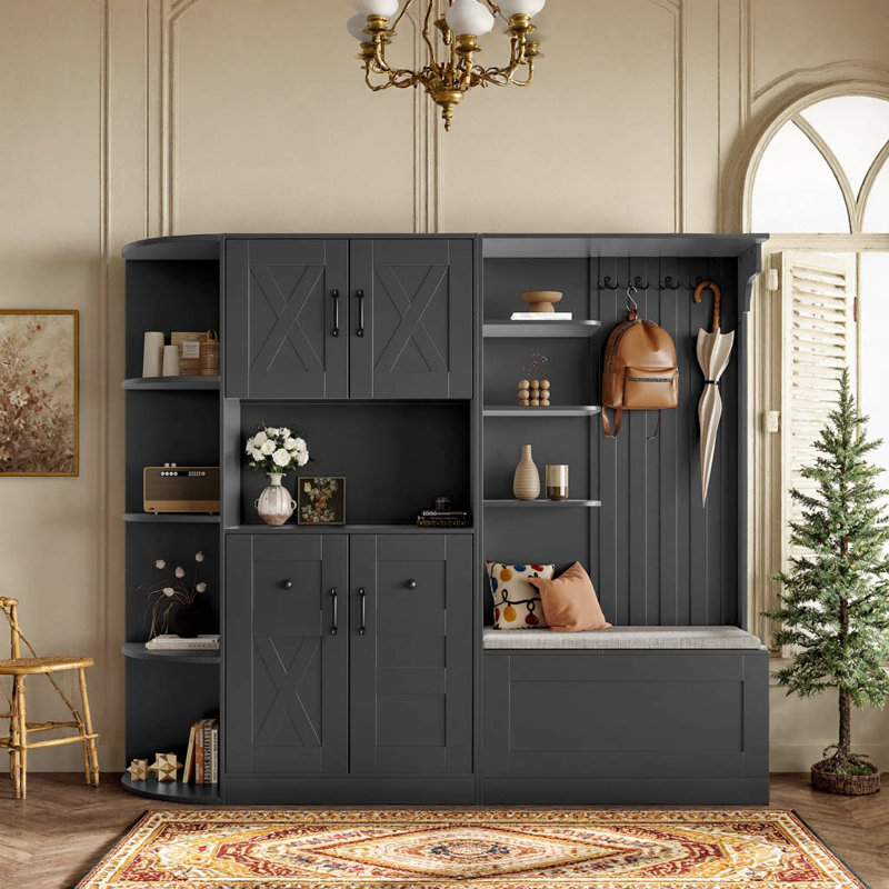 Armoire de vestibule multifonctionnelle 2-en-1 avec rangement et 4 crochets, Noir