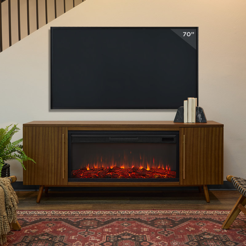 Morris 72" Mid-Century TV Stand with Electric Fireplace by Real Flame, Vintage Black Maple, Standard