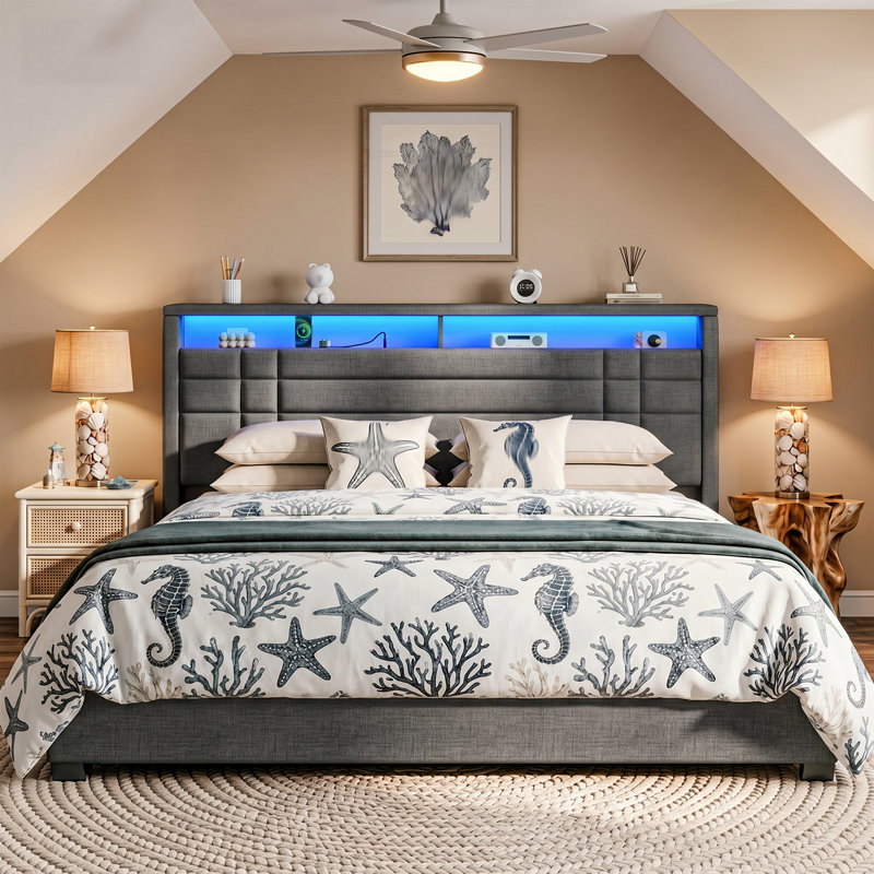 Upholstered Bed With Storage Shelf & Led Lights & Charge Station	, King, Gray