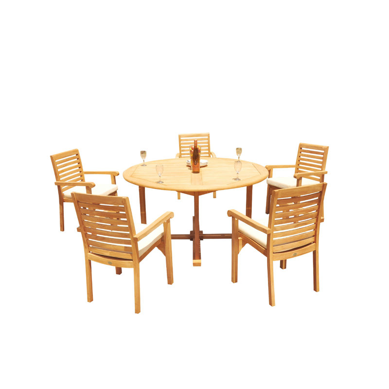 Cimah 5 - Person Teak Patio Dining Set with Round Table, 105" x 60" x 31.5", 6