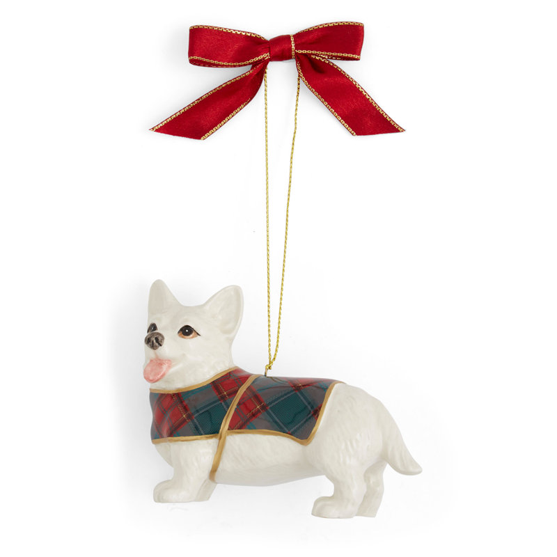 Festive Tartan Plaid Corgi Porcelain Christmas Ornament