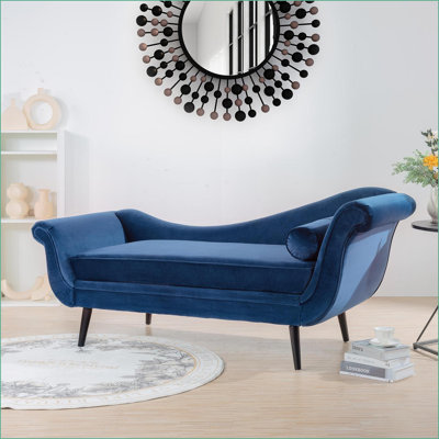 Chaise Lounge with Scroll Arm, Classic Sled Design | Fabric Upholstery | Navy Blue