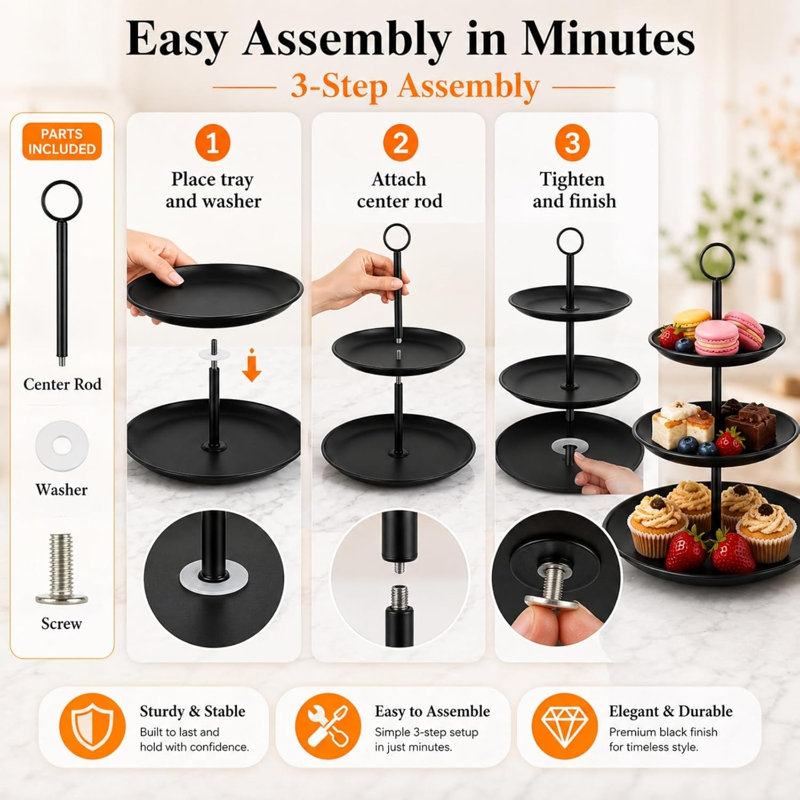 3 Tier Black Stainless Steel Cupcake Stand, Tiered Dessert Serving Tray for Wedding, Birthday, Tea Party, Holiday Dessert Table, Holds Cupcakes, Cookies, Macarons & Fruit