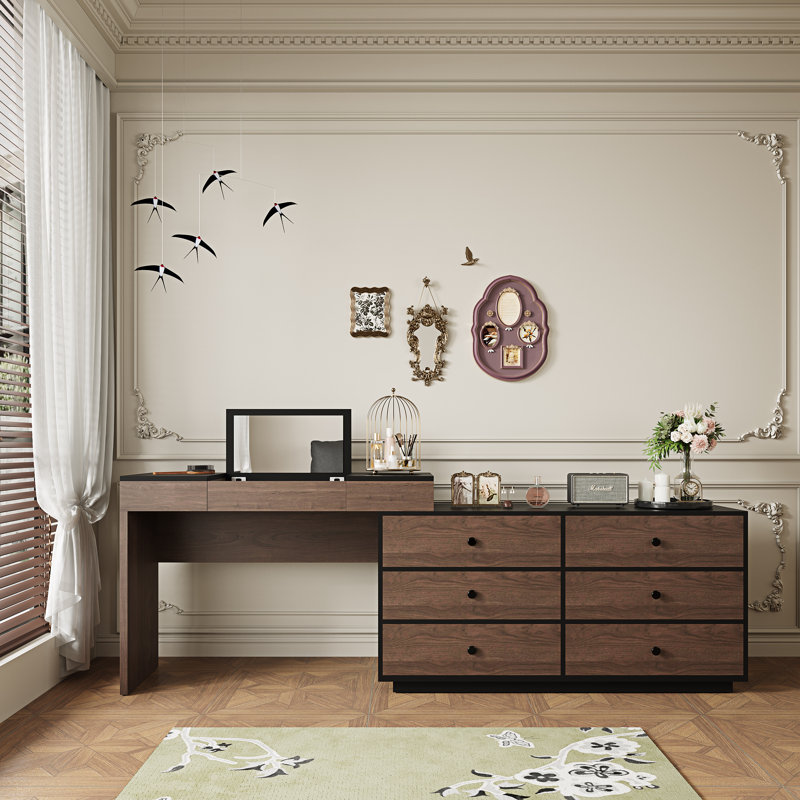 Bureau de coiffeuse à maquillage extensible 95,6 po avec miroir rabattable et tiroirs de rangement, Noyer