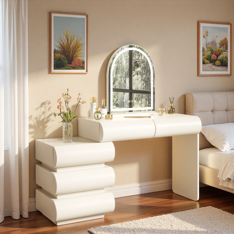 Luxury 2-in-1 Vanity Table With Leather Finish, 3-color Led Lighted Mirror, Adjustable Length And 5 Storage Drawers