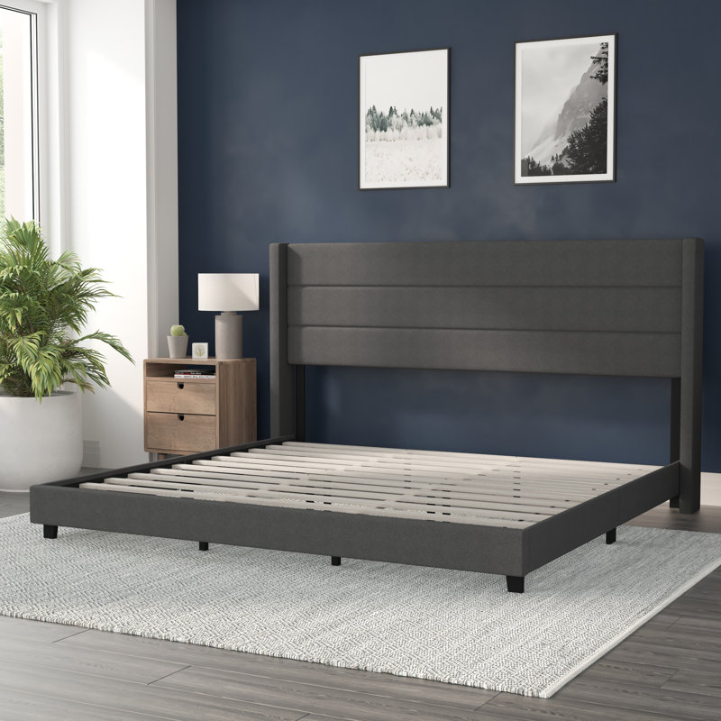Lit plateforme tapissier avec tête de lit à oreilles et sommier à lattes, Très grand, Gris anthracite