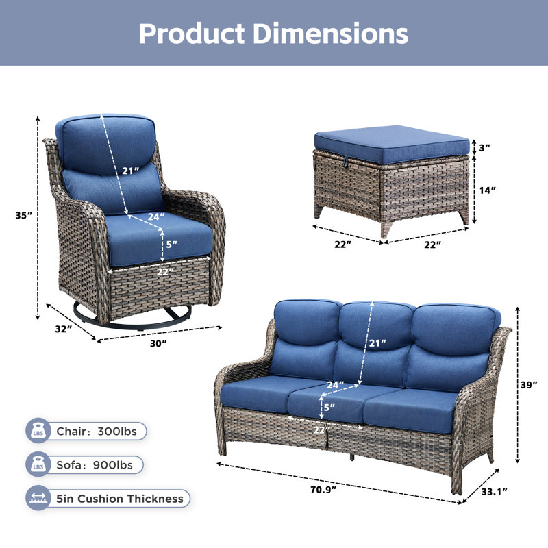 7-Piece Outdoor Wicker Patio Sofa Set With Swivel Chairs And Ottomans, Blue Cushion/Gray Frame