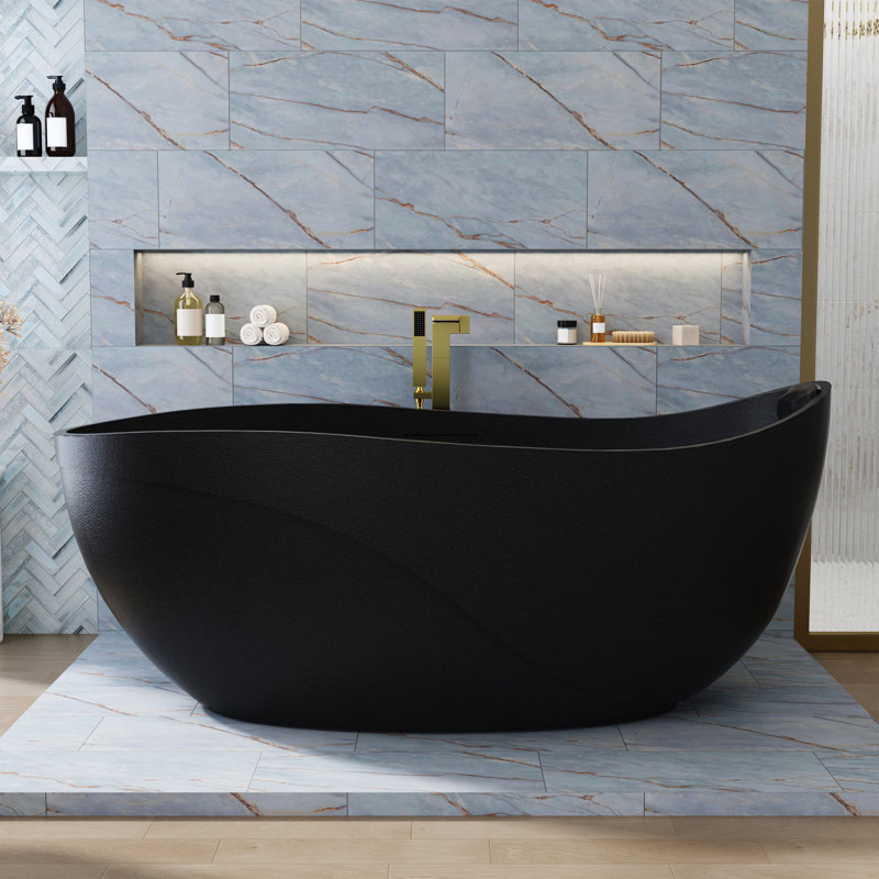 67" x 31.5" Freestanding Soaking Bathtub Gel Coat Bathtub with Rock Texture, Obsidian Black