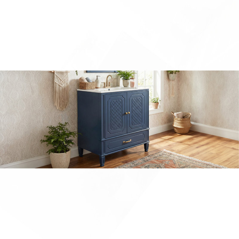 Meuble-lavabo 30 po avec lavabo style rétro, espace de rangement multifonctionnel, tablette de porte, porte à fermeture en douceur, bleu