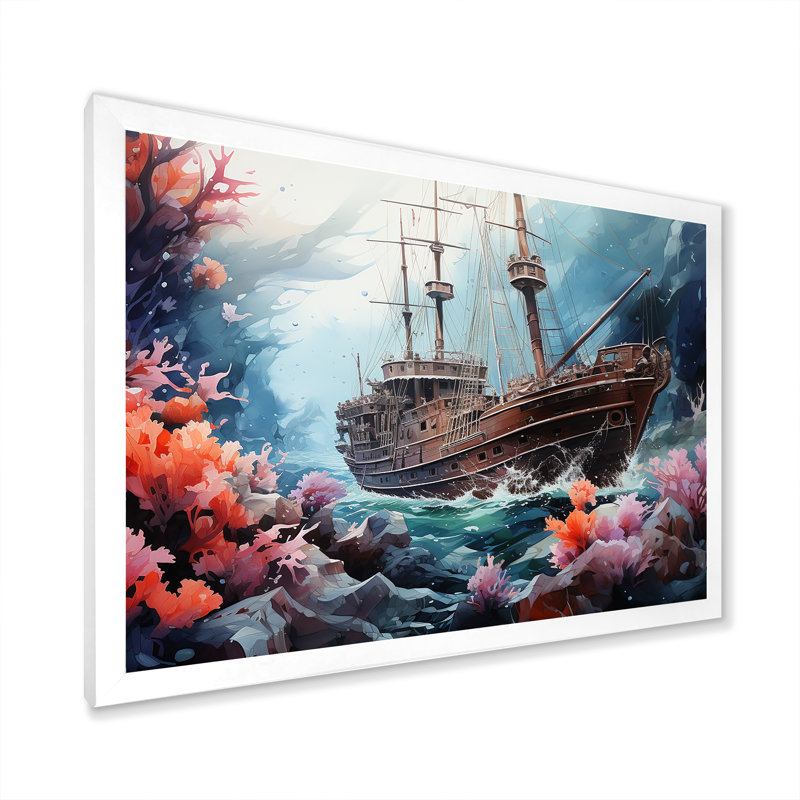 «Pirate Boat Under Water Memory II» - Décoration murale plage et océan, Cadre simple blanc, H 16 po x l 32 po x P 1 po
