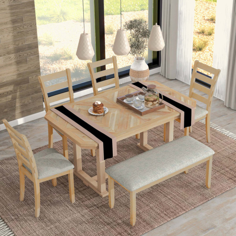 Ensemble de table de salle à manger 6 pièces en bois d'hévéa avec placage en bois massif et coussin moelleux, Natural