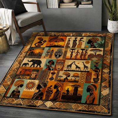 1Pcs African Tribe Pattern Rug - Vintage Style, Vibrant Patchwork Design, Large Area Carpet, Durable & Easy Care, Non-Slip Backing, Ideal for Living Room, Bedroom, Kitchen Home Decor for home detor