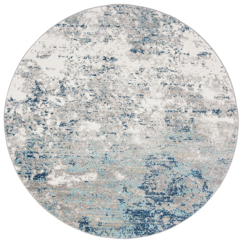 Tapis abstrait gris clair / bleu N'Keal, Rond 6 pi 7 po, Light Grey/Blue