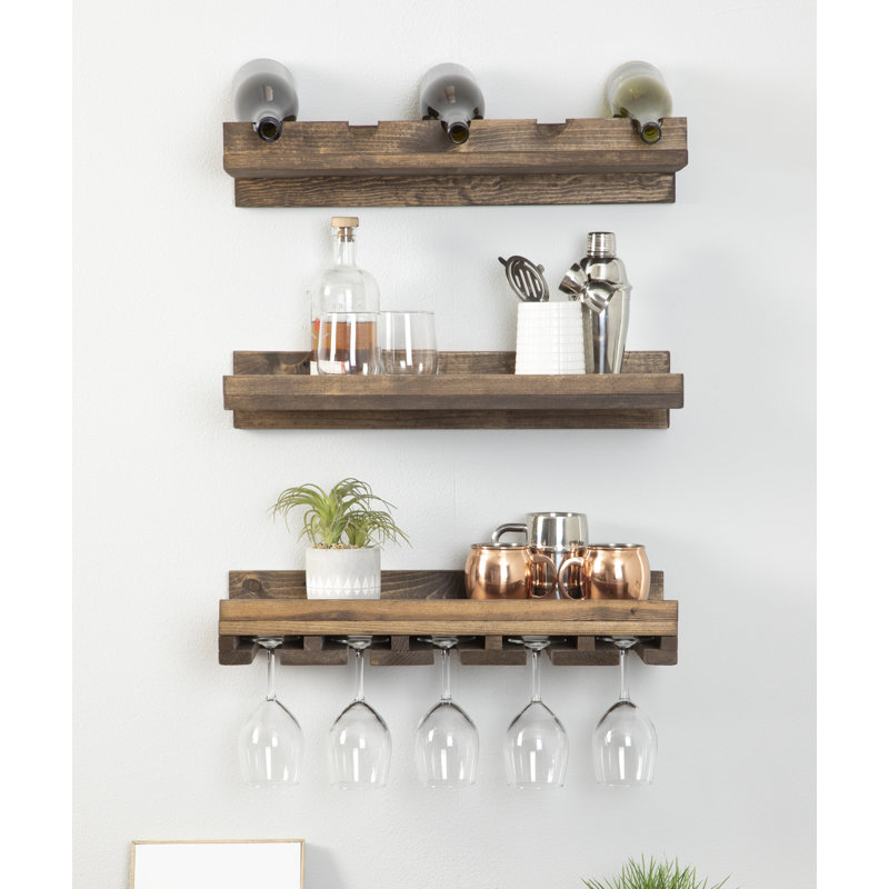 Candelario Solid Wood Wall Mounted Wine Bottle Rack, Dark Walnut, 4.25" H x 24" W x 10" D