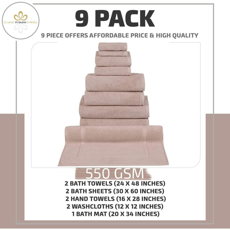 Ensemble de serviettes de bain 9 pièces avec tapis de bain Blatec, Rose