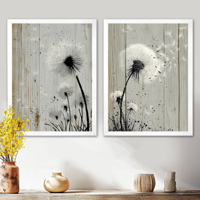 «White Vintage Dandelion Breeze - Art mural sur toile pissenlit, art floral blanc encadré 2 pièces