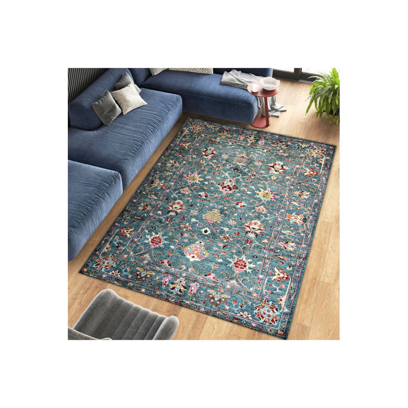 Tapis traditionnel lavable à motif turquoise, Rectangle 2 pi 6 po x 4 pi 11 po 