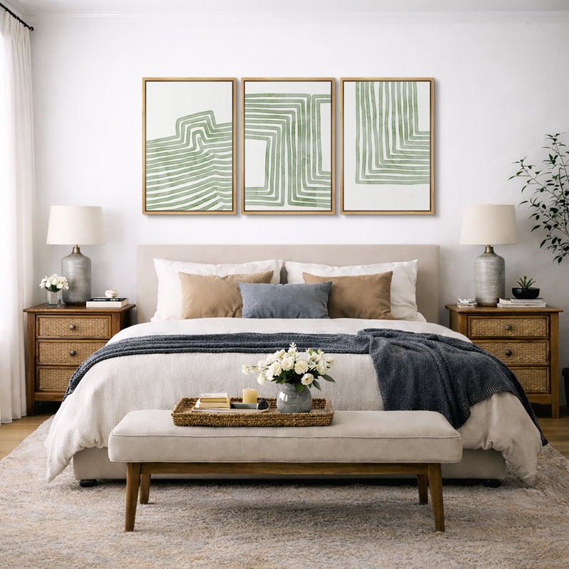 «Lin», art géométrique linéaire rayé vert doux, images murales minimalistes abstraites biologiques modernes, impression sur toile encadrée, 3 pièces, art mural: 16 po x 24 po x 3 pièces, 24 po x 36 po x 3 pièces