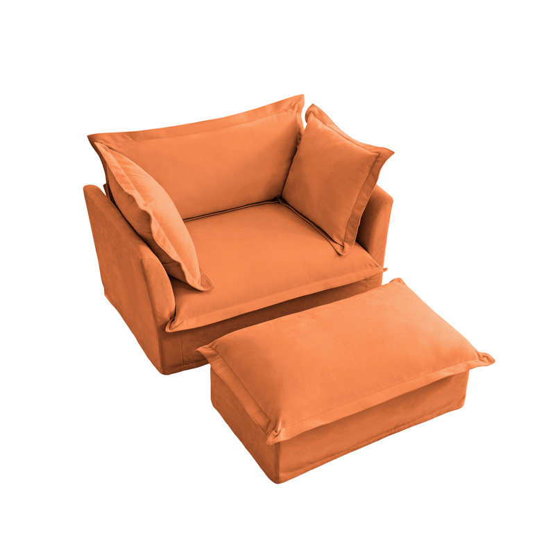 Fauteuil en chenille orange avec coussins (de 2), assise profonde, coussins confortables, coussins à haut dossier, housses amovibles, grand siège en tissu doux, design élégant, housses
