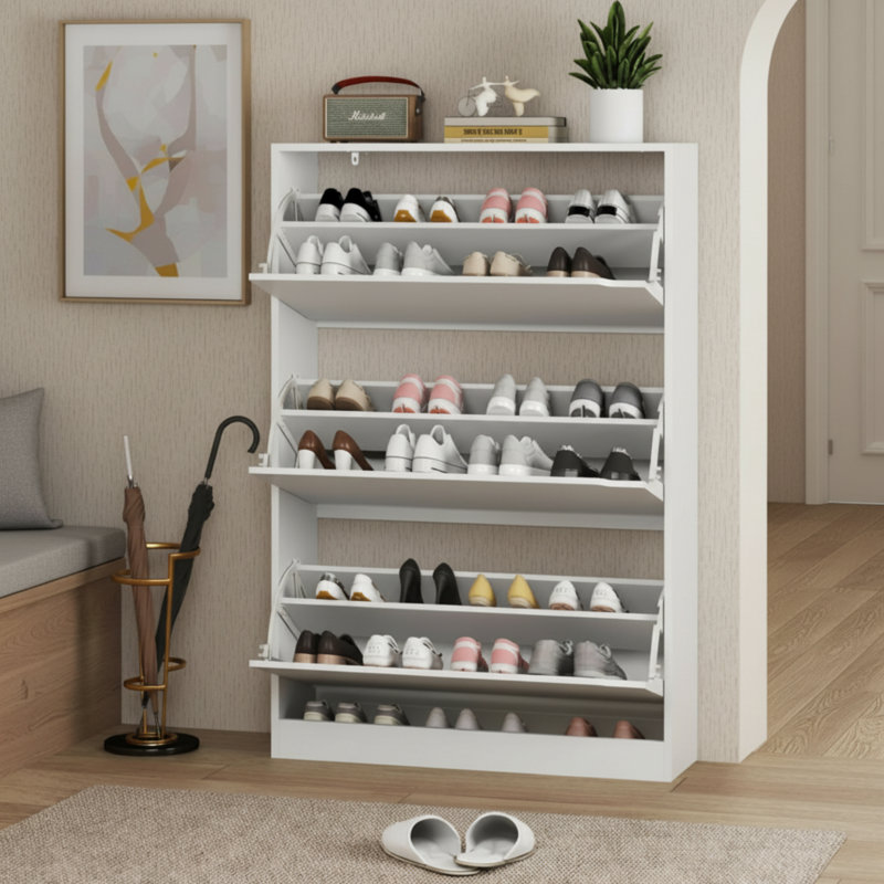 White Freestanding Shoe Cabinet With 3 Flip-Top Drawers For Concealed Storage, Suitable For Entryways And Hallways., White