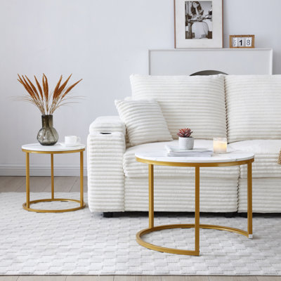 Ensemble de 2 tables basses gigognes à plateau blanc et gris, cadre doré, tables rondes en marbre et motif circulaire, salon, chambre à coucher, table de chevet simple industrielle