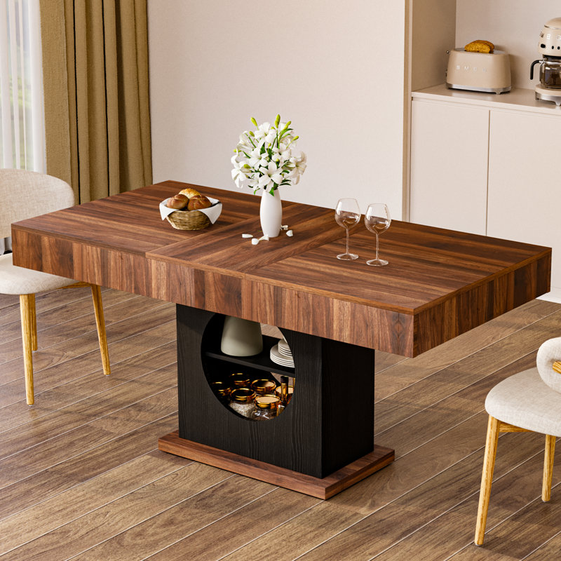 Table de salle à manger pour table de cuisine de ferme en bois de 6, 55 pouces avec tablette de rangement à 2 niveaux et 2 tiroirs, table de salle à manger rectangulaire moderne pour appartement Home Small Space, bois noir
