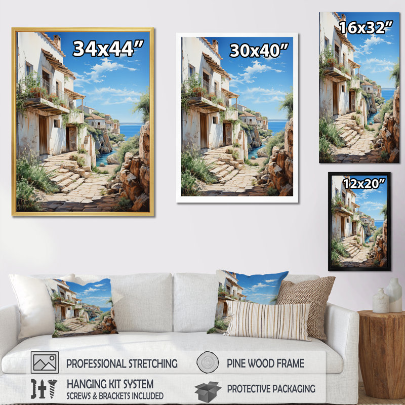 Spain Azure Coastline Village V - Spain Wall Art Living Room, H 44 po x l 34 po x P 1,5 po, Cadre photo blanc