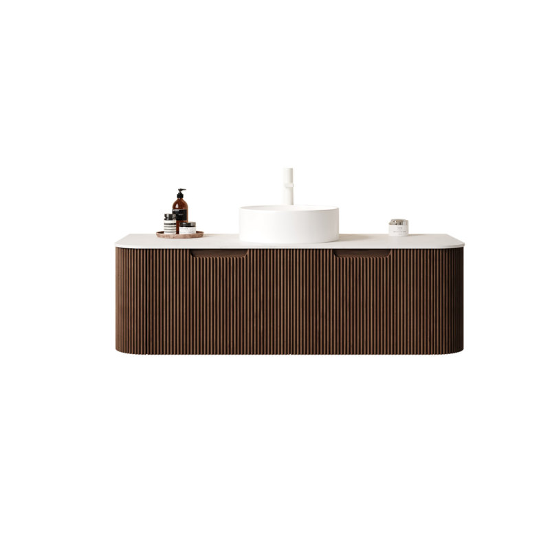 Ensemble de meuble-lavabo mural 48 po à bords arrondis avec lavabo et 2 tiroirs, lavabo rond en céramique blanc sans robinet, grain de bois