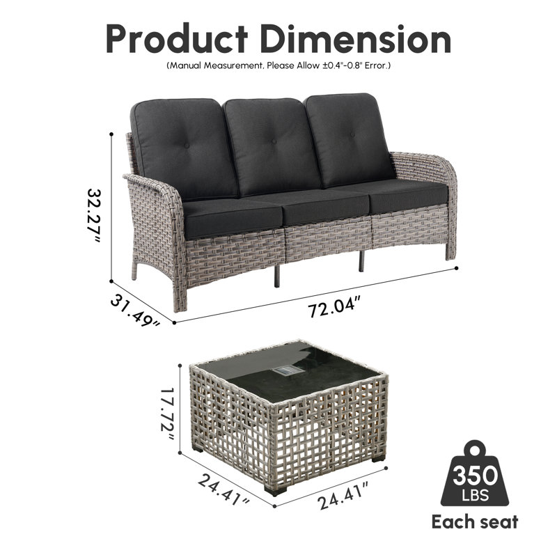 Emroy 3 - Person Wicker/Rattan Outdoor Sofa Seating Group with Lighted Coffee Table and Cushions, All Weather High Back Conversation Set for Garden Backyard