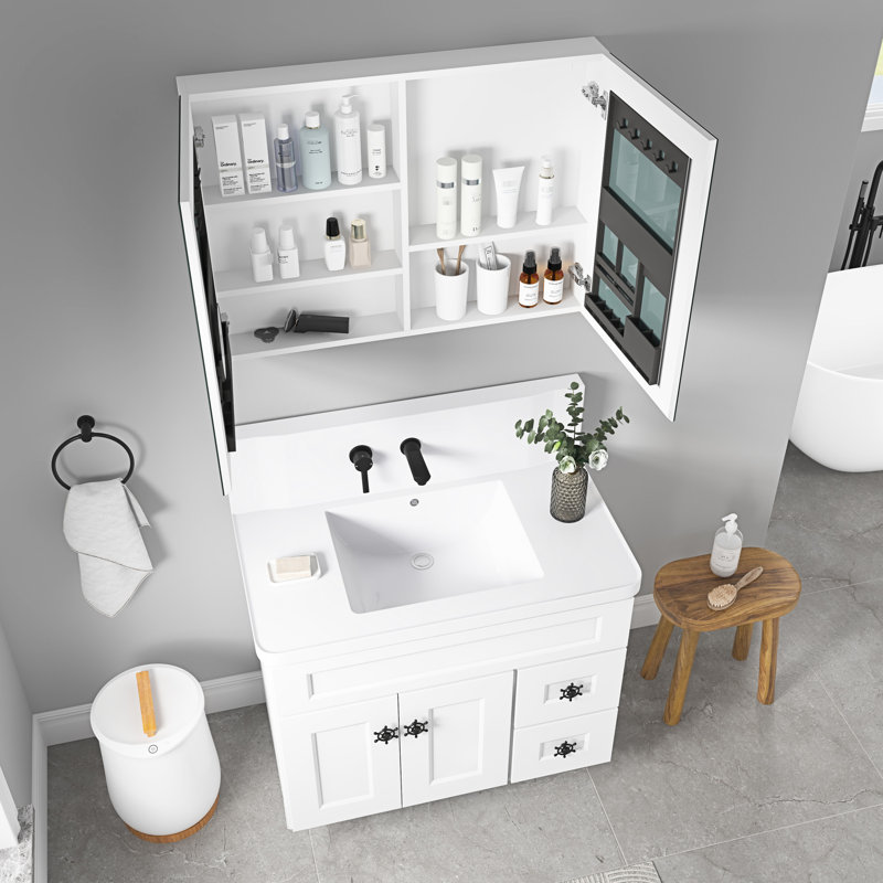 Armoire à miroir de salle de bain l 36 po x H 26 po, conception biseautée, espace de rangement spacieux, réflexion, charnière de porte, bois d'ingénierie, pharmacie blanche de 36 po et 26 po