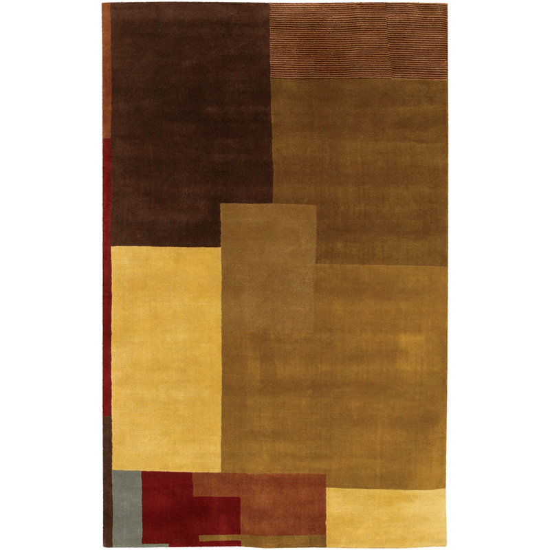 Caines Authentic Hand-Knotted Handmade Brown, Gold & Red Modern Cubist Color Block Wool Area Rug