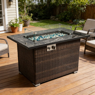 Brown Wicker Fire Pit Table - 44" Rectangular Propane Outdoor Heater With Tile Top, 50,000 BTU For Patio & Courtyard